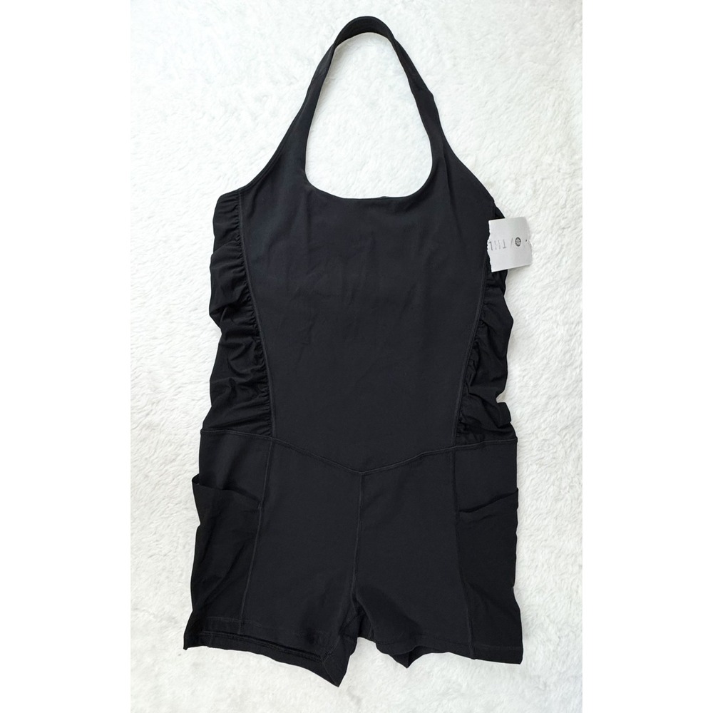 Athleta Mesh Me Up Bodysuit M Black PowerVita Romper Shorts Pockets NWT 566566